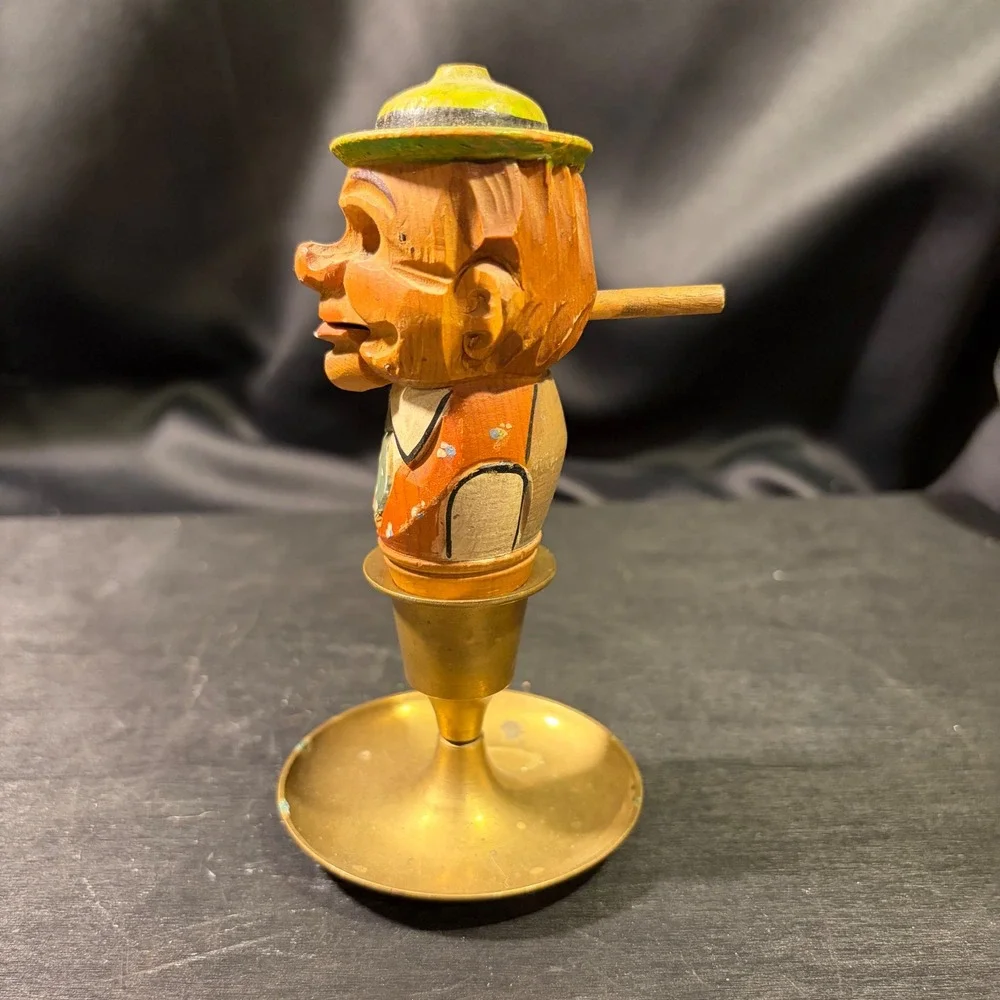 Vintage Hand Carved Wooden Mechanical Bottle Stopper Moving Jaw Man in Hat